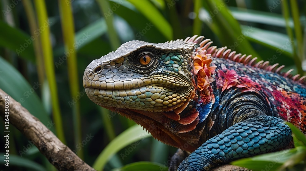 Obraz premium Colorful Sauria Resting on Branch Surrounded by Tropical Flowers