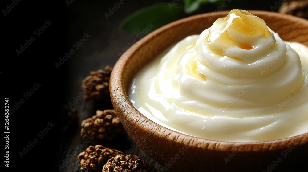 Creamy Yogurt with Honey Drizzle in Wooden Bowl Creamy Yogurt with Honey Drizzle in Wooden Bowl