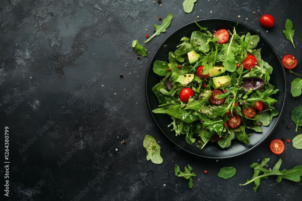 Vibrant Green Salad: Avocado, Tomato, and Arugula in Dark Artistic Style Vibrant Green Salad: Avocado, Tomato, and Arugula in Dark Artistic Style