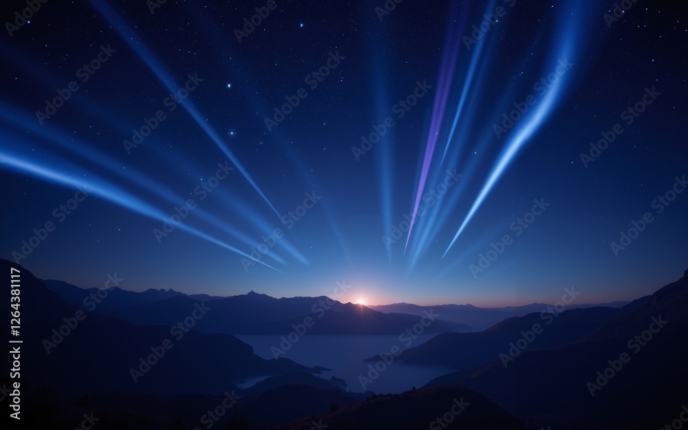 Fototapeta premium A breathtaking twilight landscape showcasing beams of light cutting through a starry night sky over tranquil waters.