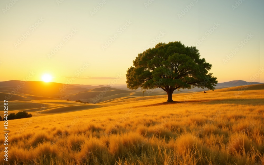 Fototapeta premium A magnificent solitary tree stands against a golden sunset on rolling hills, embodying natural beauty and tranquility.