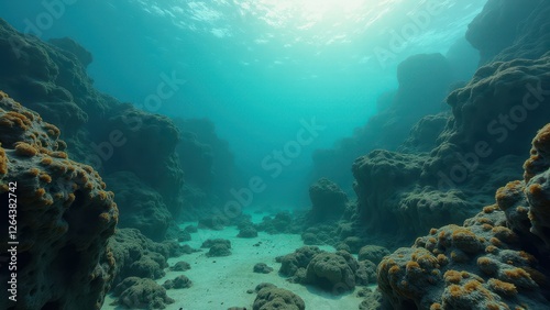 Underwater view of towering coral formations resembling ancient pillars	
