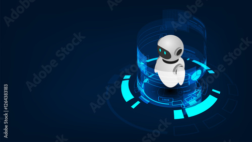 Isometric robot bot operating virtual interface. Artificial Intelligence, Automation Process Technology and engineering.