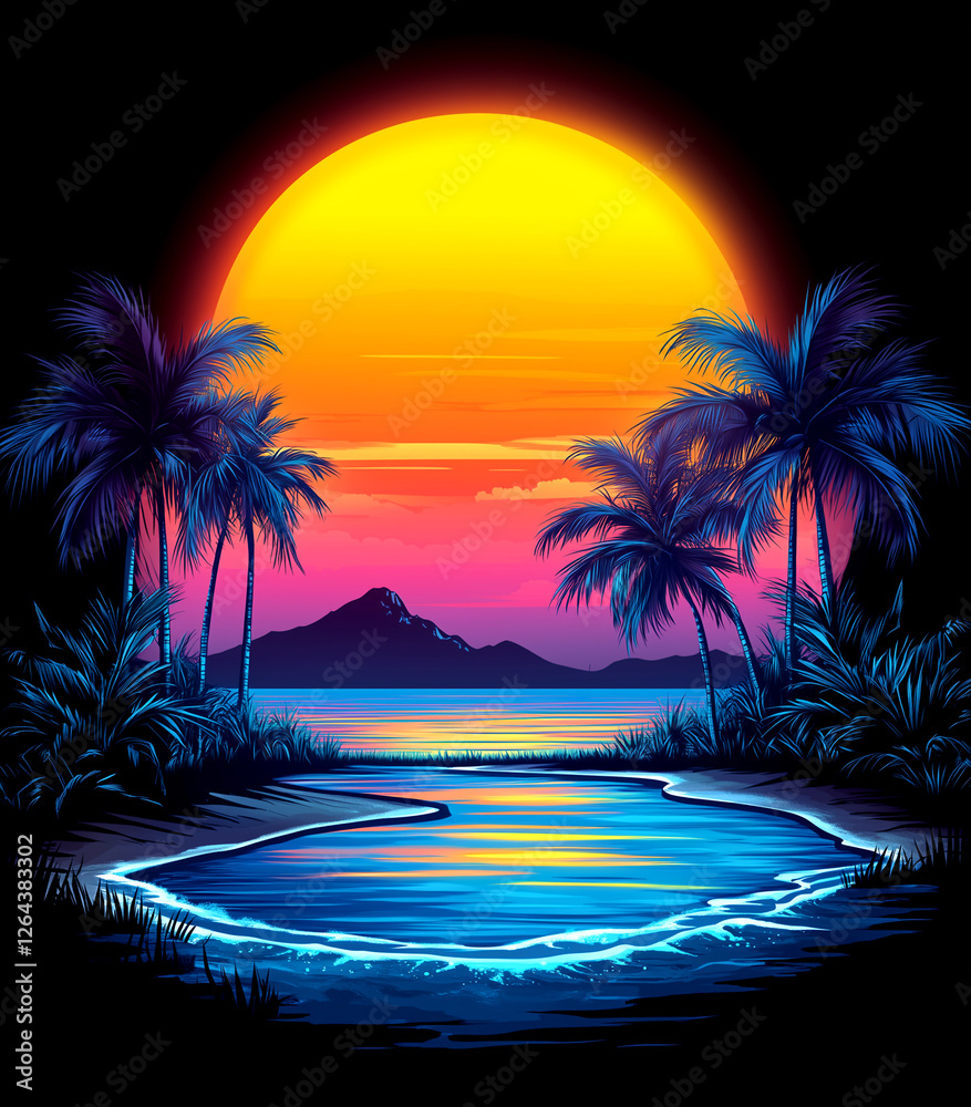 Naklejka premium A painting of a beach with palm trees. The mood of the painting is peaceful and serene