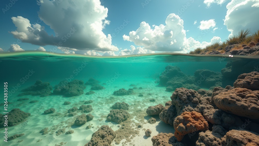 Fototapeta premium Split view of shallow coral reef underwater and tropical coastline above 