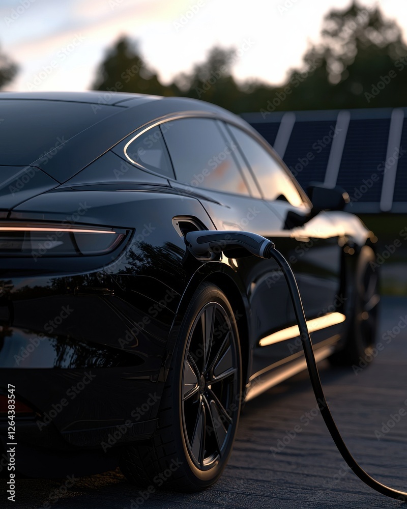 Naklejka premium A sleek, black electric car is plugged in, charging under a sunset, showcasing modern renewable energy technology and sustainable transportation.