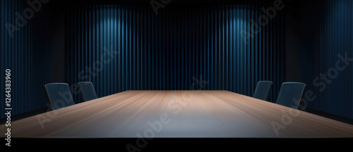 Empty conference room with a large table and dark, moody lighting.