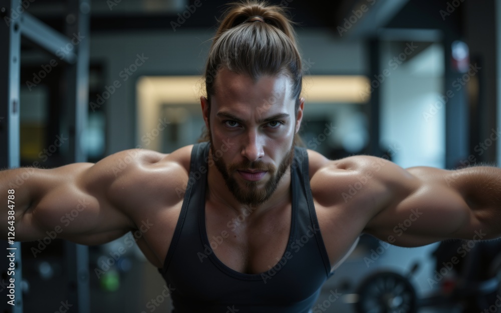 Fototapeta premium A focused male athlete showcasing strong musculature in a gym setting, embodying dedication and strength.