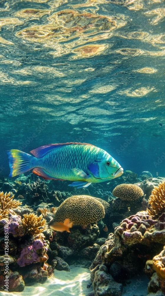 Fototapeta premium Parrotfish feeding delicately on coral in a clear tropical reef.