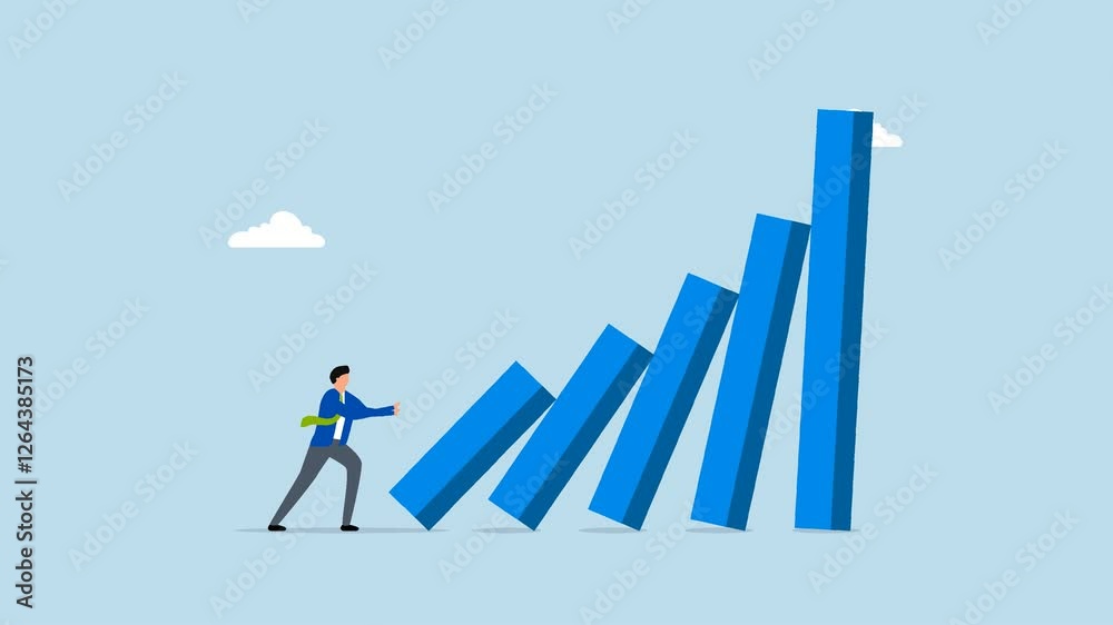 Small tiny habits to change or increase productivity, 4k animation of businessman pushing tiny domino to make bigger one fall Small tiny habits to change or increase productivity, 4k animation of businessman pushing tiny domino to make bigger one fall