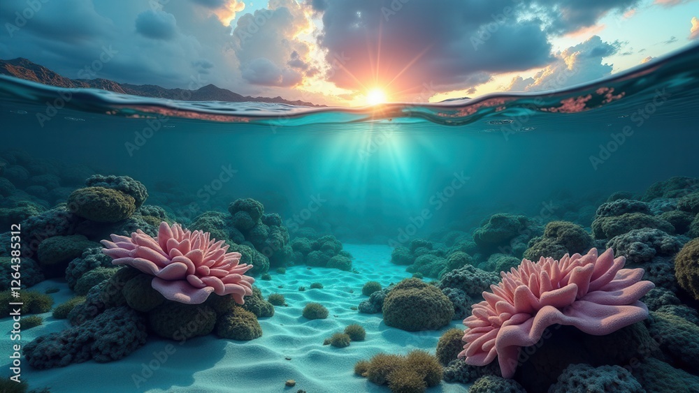 Naklejka premium Split view of coral reef underwater and ocean sunset with dramatic clouds 
