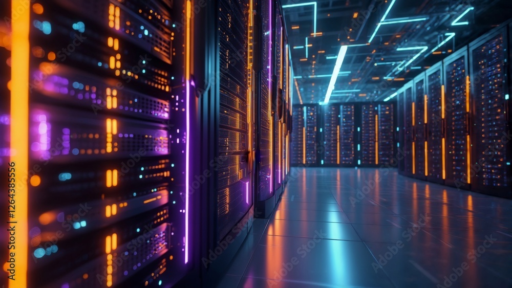 Colorful server room with illuminated racks and advanced technology in a modern data center Colorful server room with illuminated racks and advanced technology in a modern data center