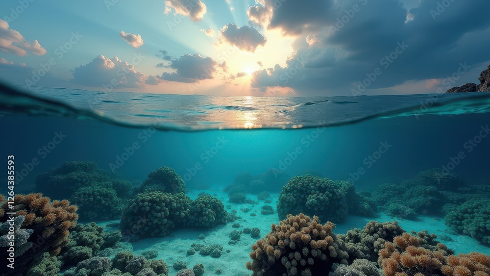 Obraz premium Split view of coral reef underwater and ocean sunset with dramatic clouds 