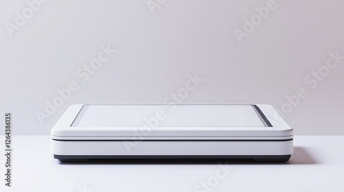 E-learning innovation technology concept. Modern flatbed scanner on a minimalist surface.