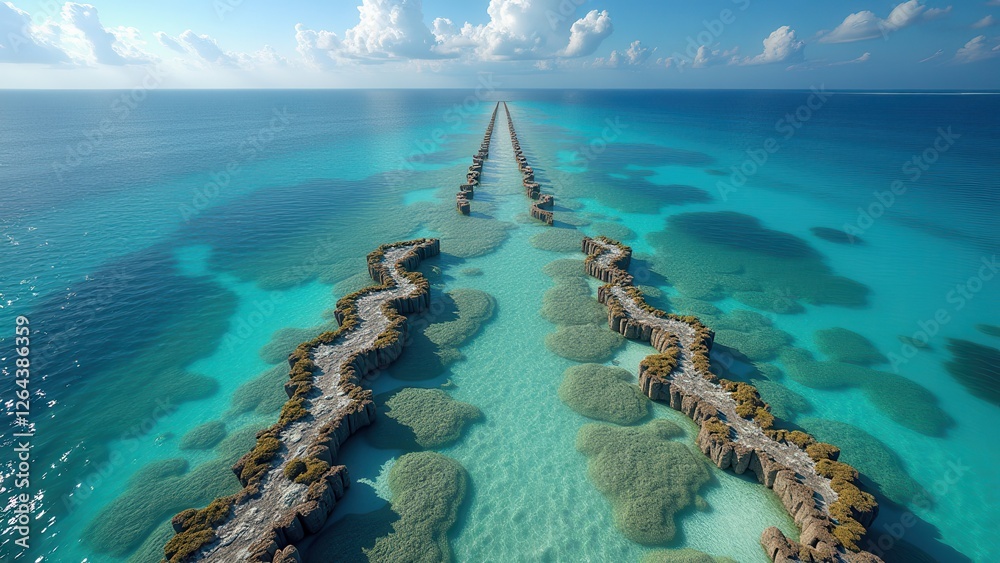 Fototapeta premium Aerial view of coral reef formations in clear turquoise tropical ocean 