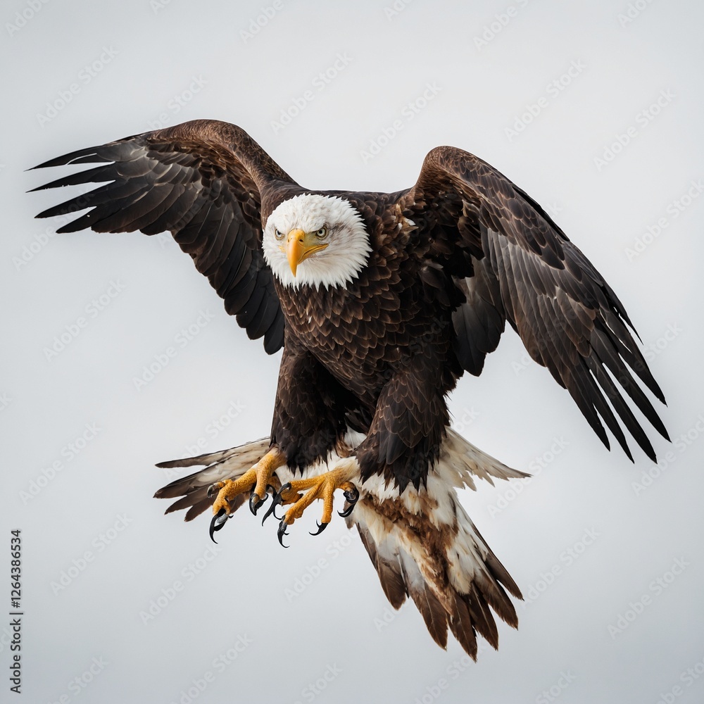 Obraz premium A powerful bald eagle with sharp eyes and wings partially spread, standing on a white background.