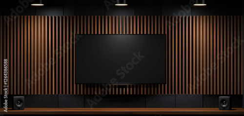 Modern interior featuring a large screen and wooden paneling.