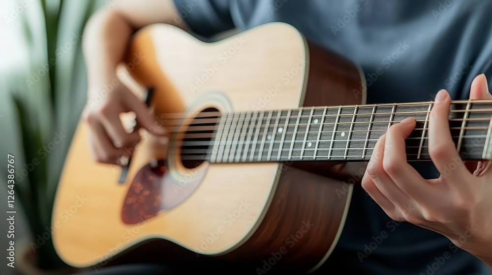Fototapeta premium Indoor activities for mental health concept. Person playing an acoustic guitar indoors with plants in the background.
