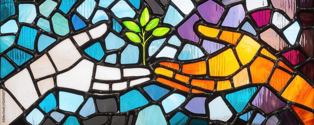 Colleague kindness hands passing a seedling in a stained glass window minimalist jewel-toned reflections Colleague kindness hands passing a seedling in a stained glass window minimalist jewel-toned reflections