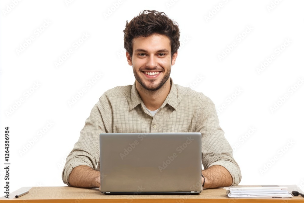Real young man smile laptop background computer. Real young man smile laptop background computer.