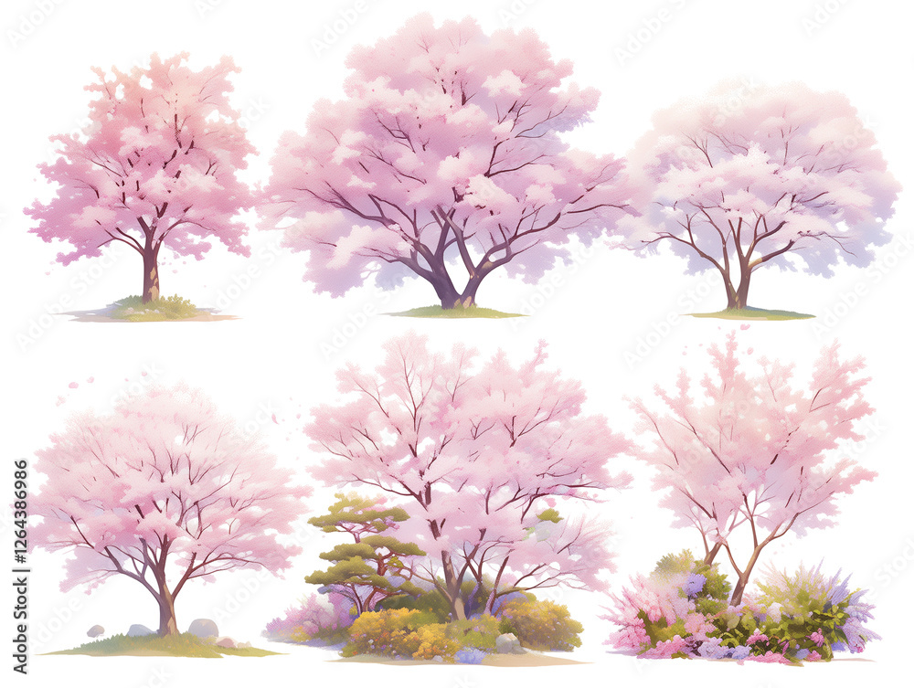Obraz premium 和風イラスト|桜の木の柔らかい水彩タッチデザイン