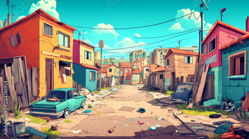 Poor dirty houses in ghetto area. Vector cartoon cityscape with slum buildings, shacks in cheap neighborhood. Shantytown street with old houses, broken car and trash