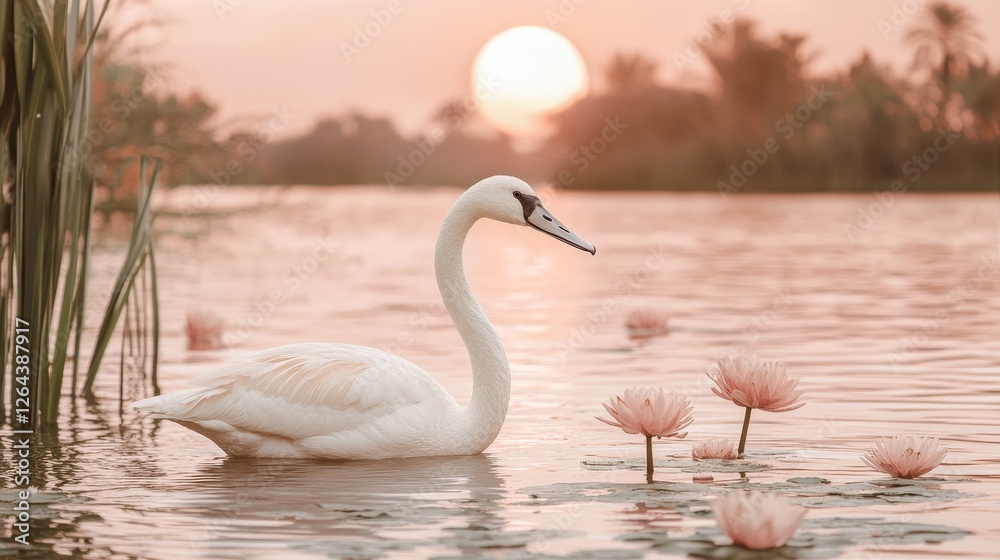 Fototapeta premium Serene Sunset Swan on Calm Water Lily Pad Lake Peaceful Nature Scene