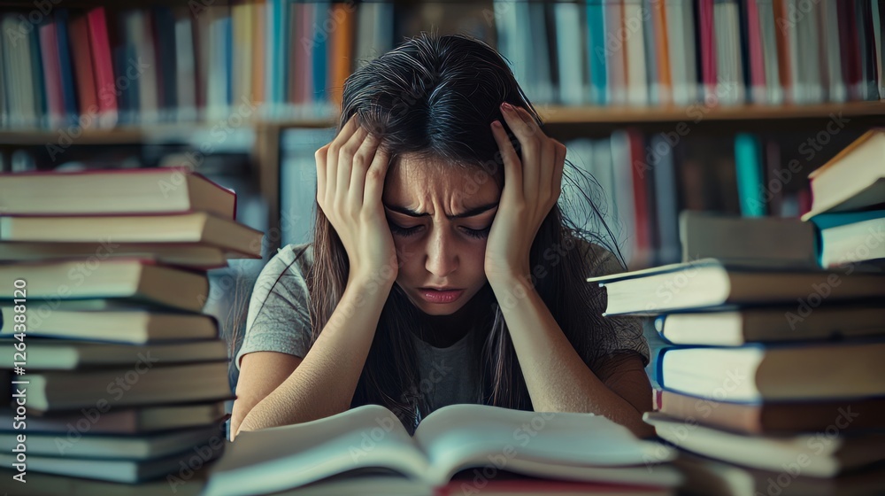 Frustrated Student With Too Much Homework. Overwhelmed By Studies, Books, And Deadlines. Frustrated Student With Too Much Homework. Overwhelmed By Studies, Books, And Deadlines.