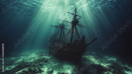 Wreck pirate ship, sunken filibuster vessel, wooden boat with jolly roger flag on ocean sandy bottom with sun beams falling from above, underwater world pc game background. Cartoon vector illustration