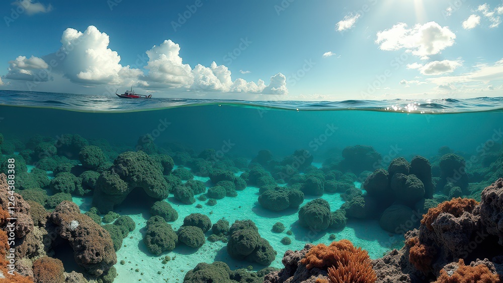 Fototapeta premium Split view of coral reef underwater and tropical beach with clear water 