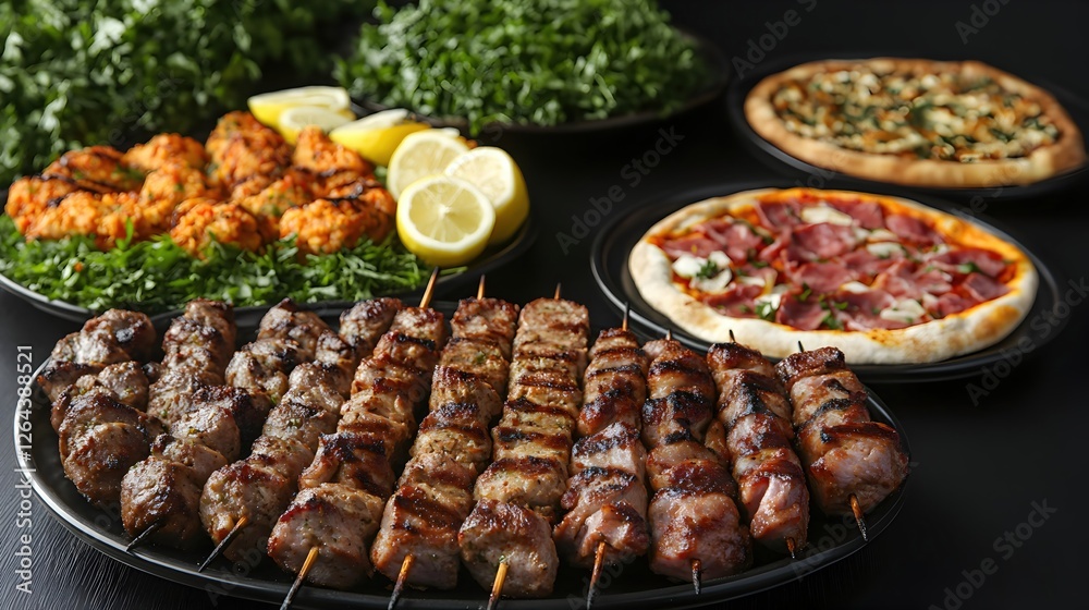 Savory Grilled Kebabs and Delicious Sides on a Dark Table Savory Grilled Kebabs and Delicious Sides on a Dark Table