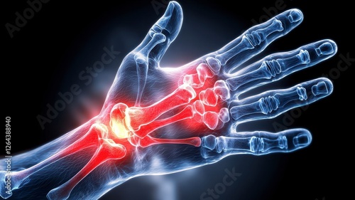 Medical pain joint management concept. A translucent hand illustration highlighting joints, with a glowing red focus on the wrist area, symbolizing pain or injury.