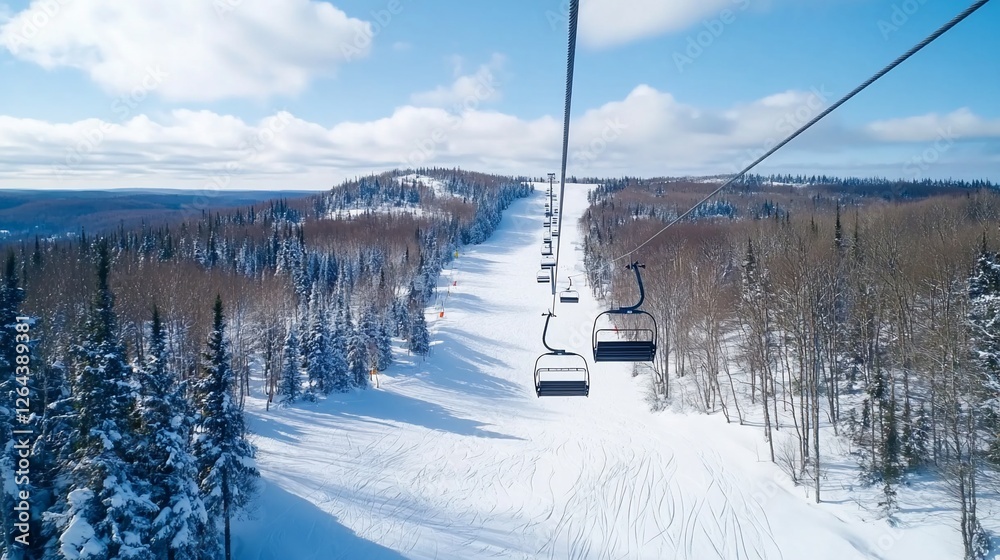 Obraz premium Ski lift ascending snowy mountain, winter landscape