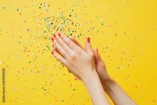 Clapping hands amidst scattered confetti against a vibrant yellow background