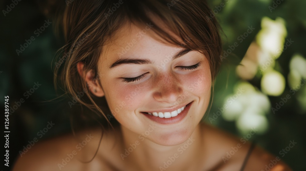Smiling woman with natural makeup and bare shoulders in a portrait. Smiling woman with natural makeup and bare shoulders in a portrait.