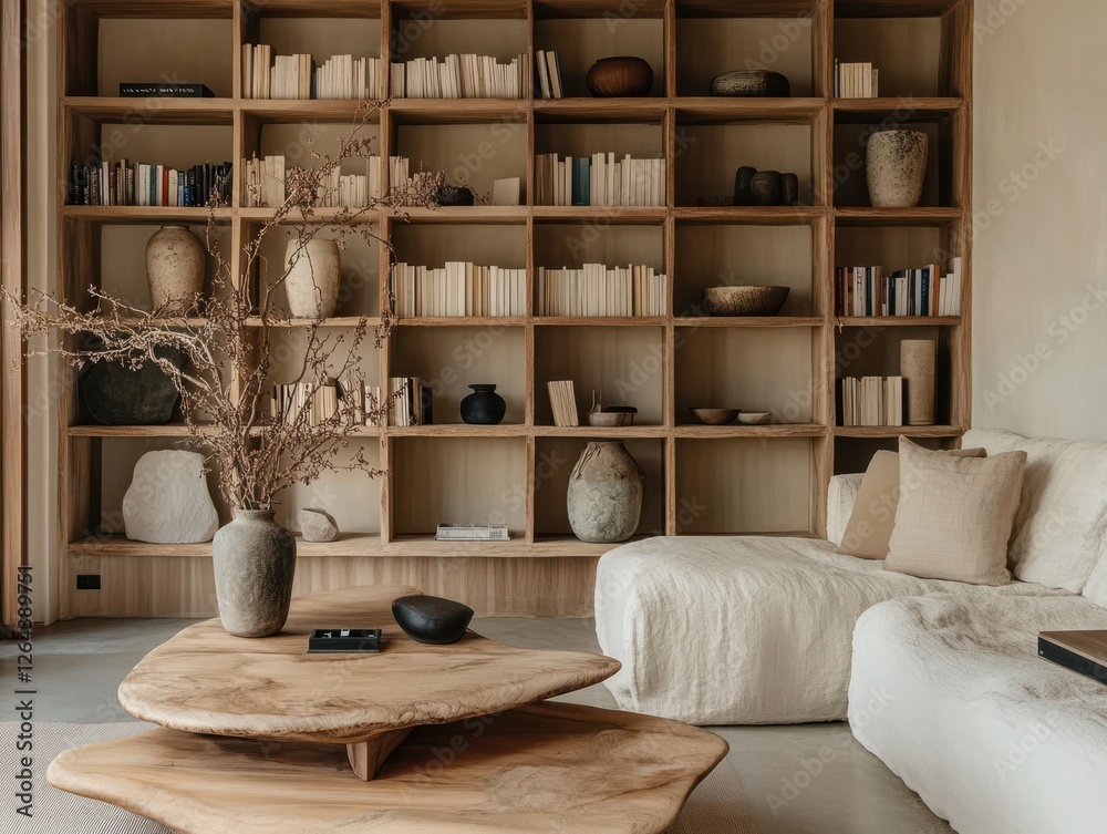 Fototapeta premium Interior view showcases wooden bookcase and sectional sofa