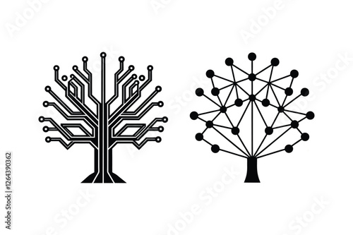 Abstract digital tree design with circuit board and network connection elements in black and white vector illustration