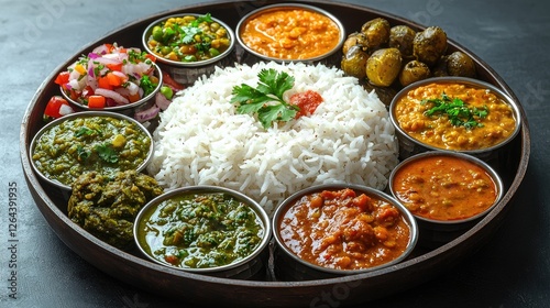 A vibrant platter of diverse Indian dishes featuring rice, lentils, and assorted vegetables