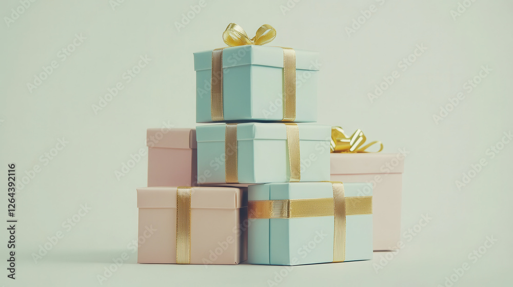 Obraz premium A collection of pastel-colored gift boxes, stacked in an artistic arrangement, delicate ribbons and gold-accented edges