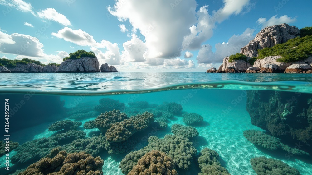 Fototapeta premium Split view of coral reef underwater and calm tropical ocean with clouds