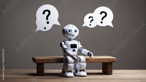 A small, white robot sits on a wooden bench, contemplating several question mark speech bubbles. It's a scene of uncertainty and technological curiosity.