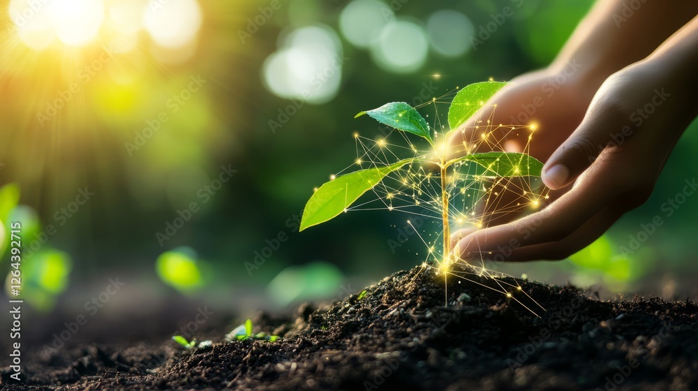 Fototapeta premium Digital Growth: Hands Nurturing A Connected Seedling, Symbolizing Technology, Ecology, And Sustainable Innovation.