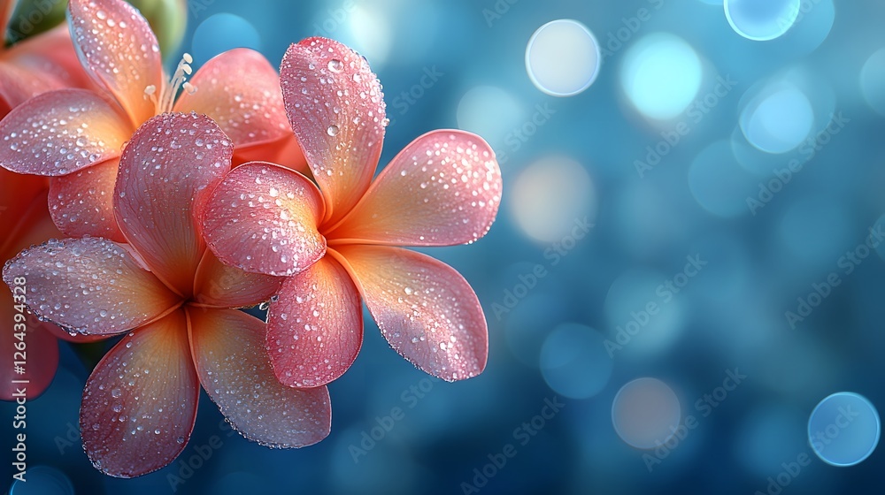 Fototapeta premium Delicate plumeria bloom adorned with dewdrops against a bokeh background