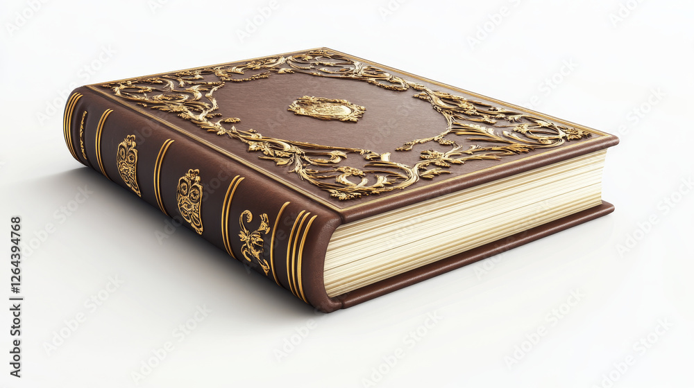 Book spine and cover mockup, blank volume in classic style with brown hardcover and golden decorative elements. Bestseller publication, library or store novelty isolated realistic 3d vector mock up Book spine and cover mockup, blank volume in classic style with brown hardcover and golden decorative elements. Bestseller publication, library or store novelty isolated realistic 3d vector mock up
