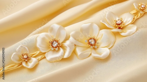 A close-up of a stunning Oriental Blossom bracelet, showcasing delicate gold petals with dazzling gemstones, resting on a smooth satin fabric.