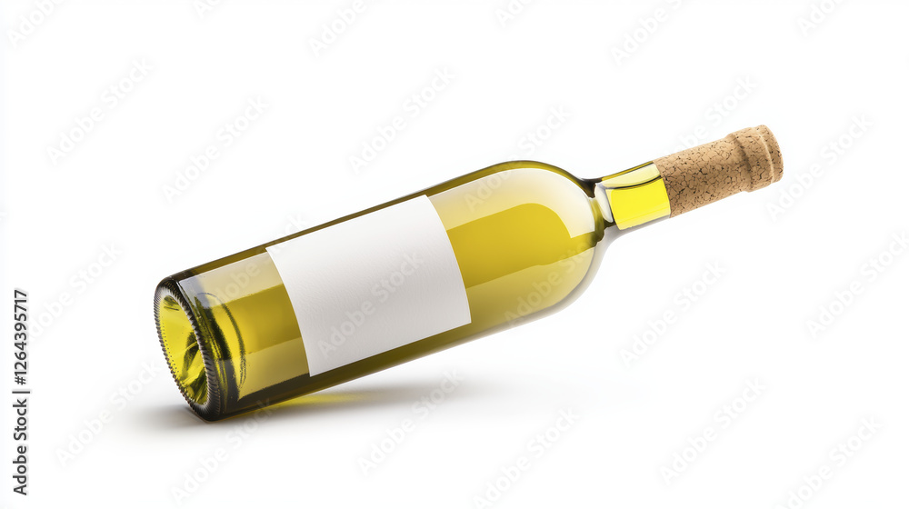 green wine bottle with cork, lying on its side, features blank label for customization green wine bottle with cork, lying on its side, features blank label for customization