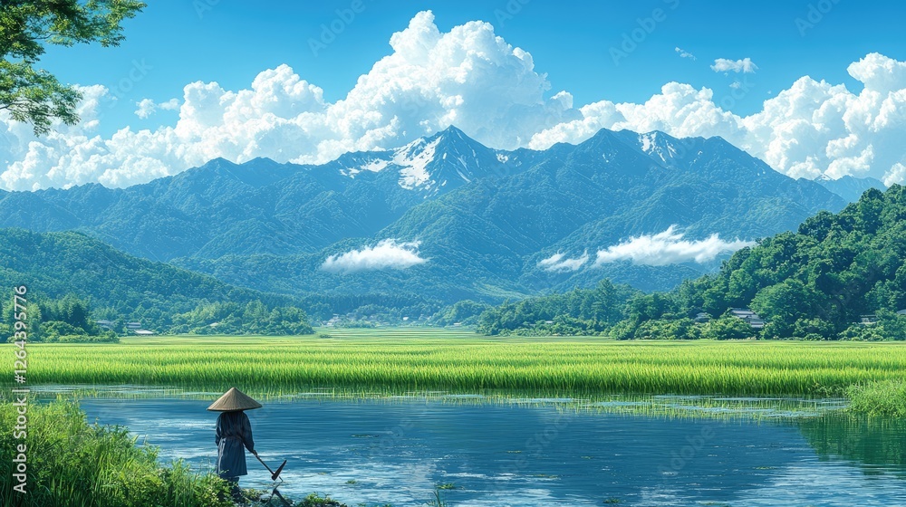 Serene landscape featuring a farmer in traditional attire standing by a tranquil river with mountains Serene landscape featuring a farmer in traditional attire standing by a tranquil river with mountains