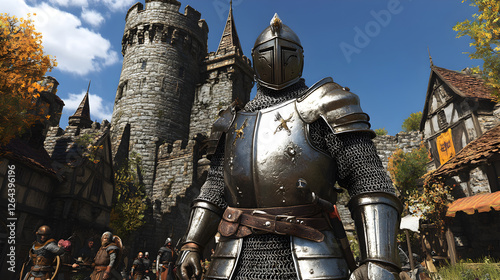 Noble Knight Preparing for Quest in Medieval Village with Majestic Stone Castle as Backdrop