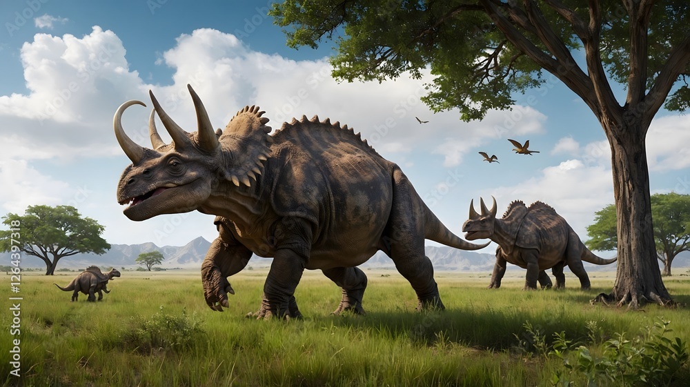 Obraz premium Triceratops Family Crossing Grassy Plain with Young Dinosaurs