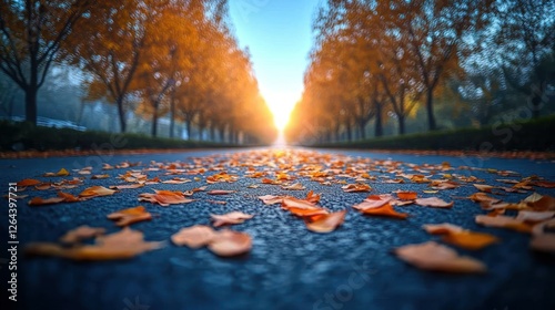 Autumnal Road to the Sunset: A Serene Fall Landscape